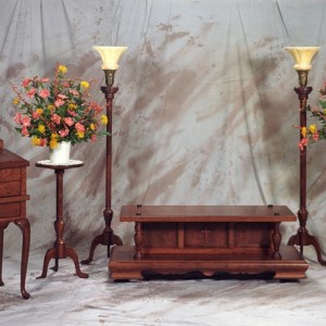 Cherry Queen Anne Lectern, Casket Bier, Torchiere Lamps and Flower Stands