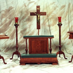 Cherry Prayer Rail, Memorial Holder, Crucifix & Stand, Candlesticks and Mass Card Tray