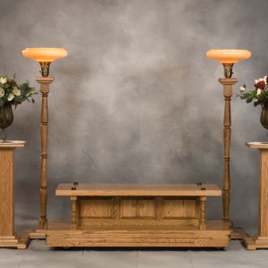 Oak Casket Bier, Torchiere Lamps, Flower Pedestals