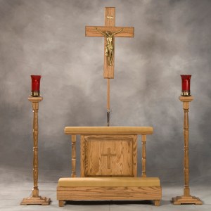 Oak Prayer Rail, Oak Crucifix & Stand, Oak Candlesticks