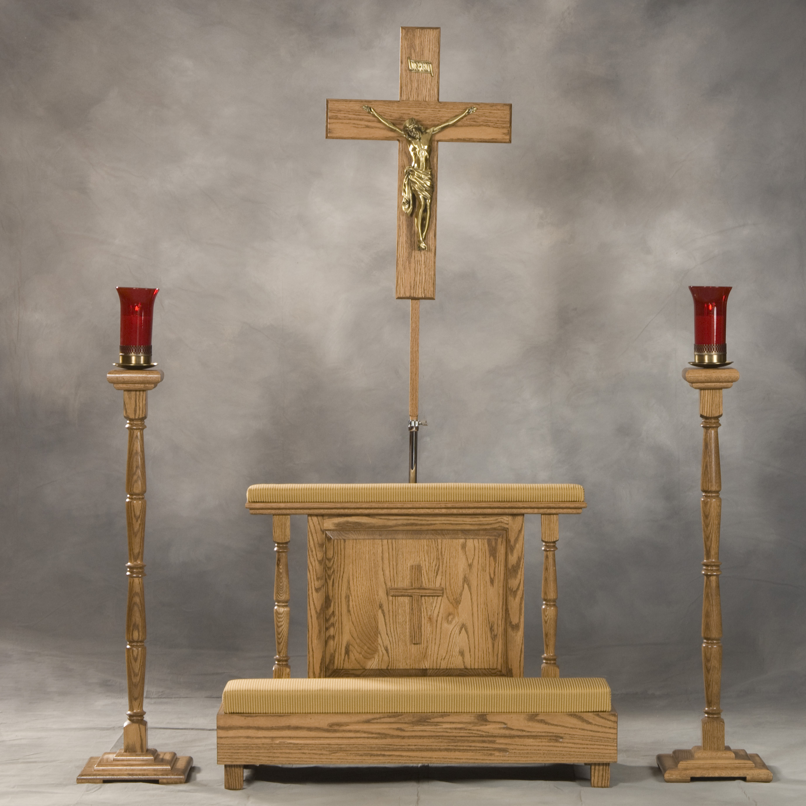 Oak Prayer Rail, Oak Crucifix & Stand, Oak Candlesticks